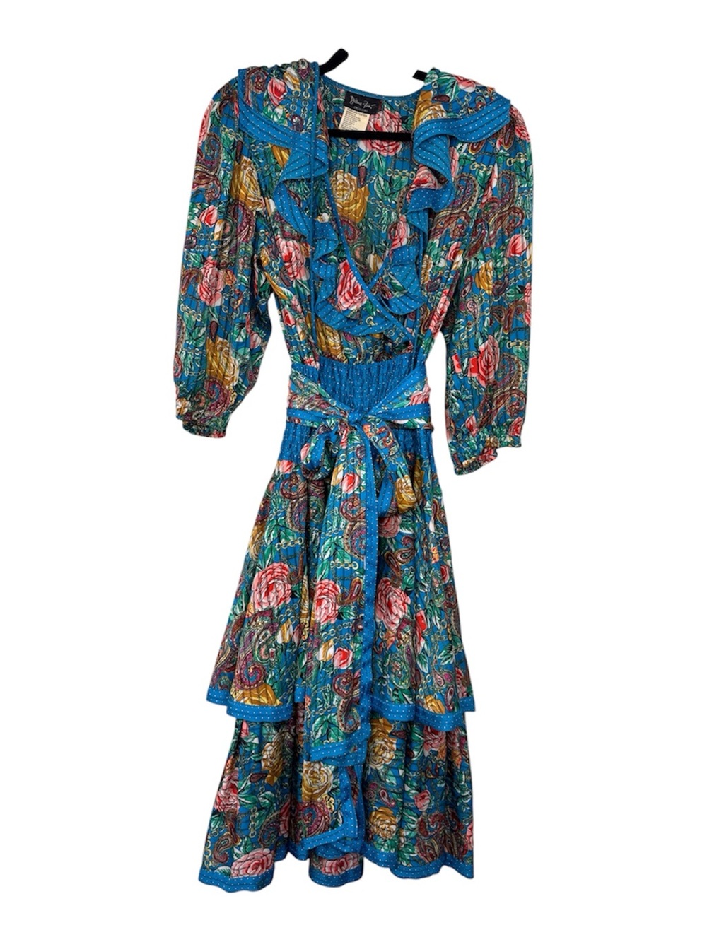 Vintage Diane Feis Teal Blue Floral Flutter Tiered Midi Dress Womens M Georgette